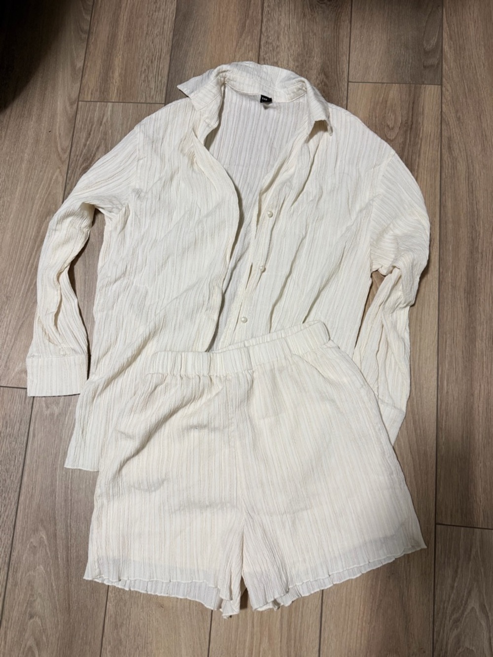 Cream Textured Button-Up Shirt and Shorts Set